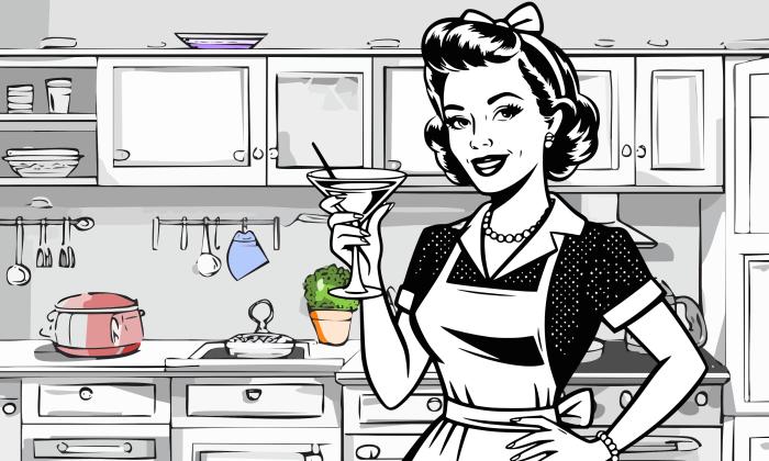 A black and white drawing of a 1960's housewife in a kitchen, holding a martini glass, some counter items are in color