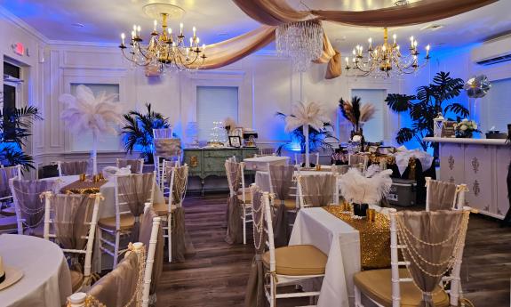 A 20s themed event with feathers and gold decor