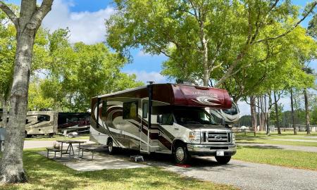 A motorhome parked on a site at Stagecoach RV park